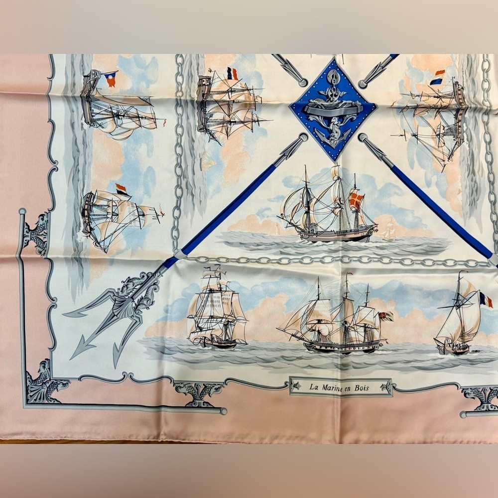 HERMES Never Worn Vintage “The Wooden Marine” Pink Carre 90 Silk Twill Scarf - Picture 8 of 16